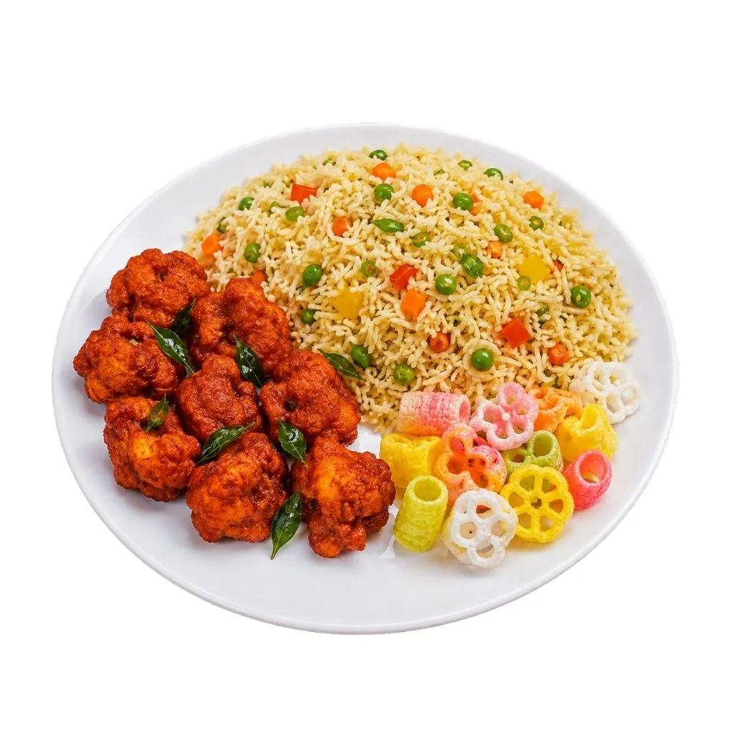 Fried rice with chicken 65 and colour vadagam